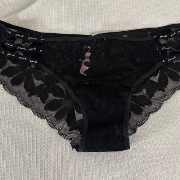 Victoria's Secret "Pink" Strappy Black Lace Floral Cheekster Panty  8350 - Picture 2 of 8
